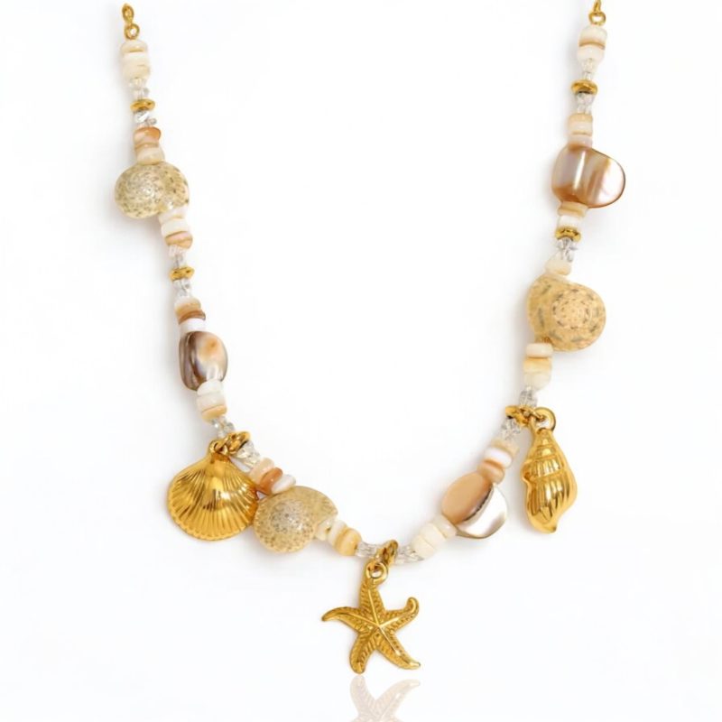 Collana donna con decorazione conchiglie e Stella Marina (Acciaio Inossidabile-Gold)