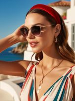 foto di donna con occhiali da sole che indossa cerchietto per capelli in velluto rosso acceso sottile liscio e semplice vestita con abito casual in vacanza in località fashion