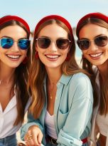 foto di tre donne amiche con occhiali da sole che indossano cerchietto per capelli in velluto rosso acceso sottile liscio e semplice vestita con abiti casual in vacanza in località fashion