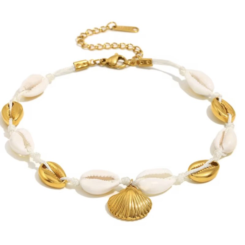 Cavigliera donna con decorazione di Conchigliette sintetiche e Conchiglie Dorate (Acciaio inossidabile-Gold)