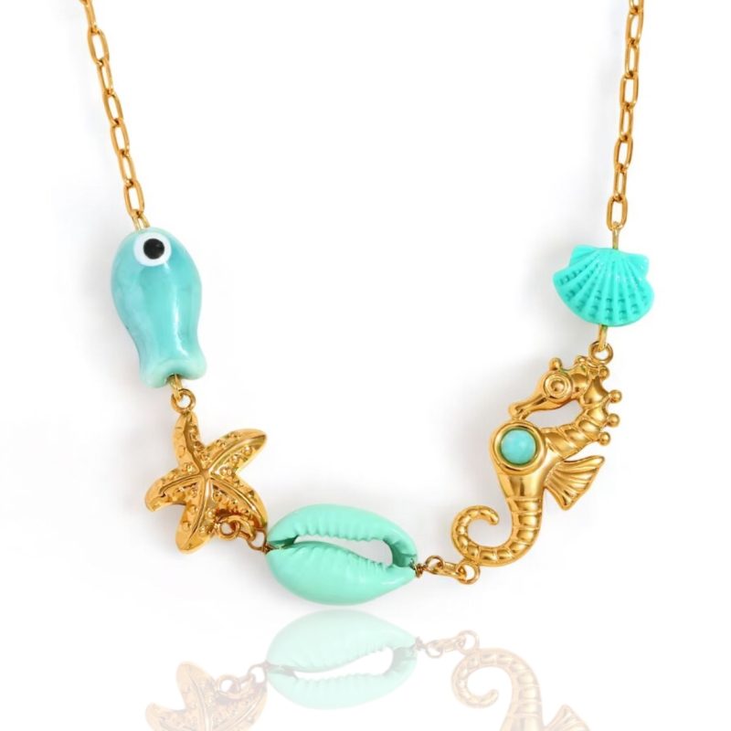 Collana donna con decorazioni a tema marino (Acciaio inossidabile, color oro e turchese)